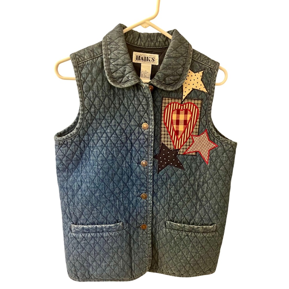 Haiks Quilted Denim Vest Womens Size S Patriotic Star Heart Patchwork